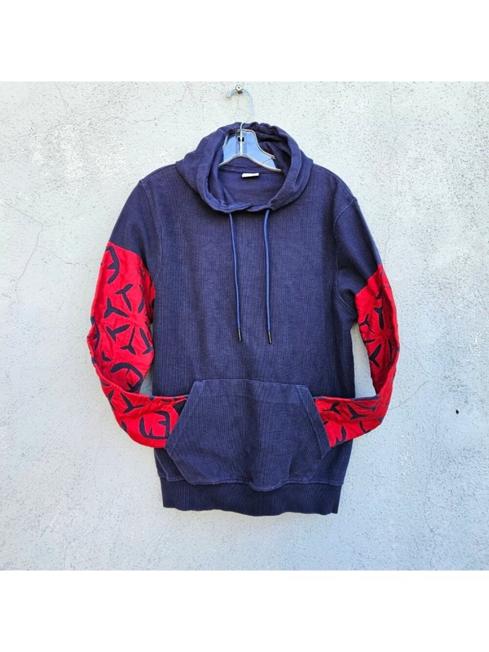 Deconstructed Blue Cotton Hoodie with Mola Style Hand Embroidered Sleeves Sz S